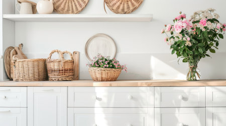 a kitchen with a vintage cabinet, white walls and floor, a basket of flowers on the table, and a mirror above the cabinets.の素材
