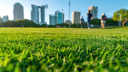 a green grass field in the park, with the city skyline in the background, under a clear blue sky on a summer day, using a wide-angle lens to emphasize the vastness of the scene.の素材