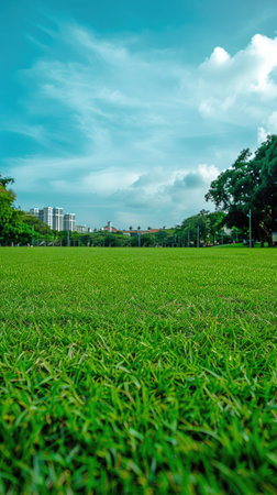 a green grass field in the park, with the city skyline in the background, under a clear blue sky on a summer day, using a wide-angle lens to emphasize the vastness of the scene.の素材