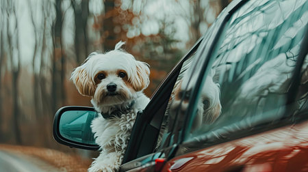 a small white dog sitting in the passenger seat of an SUV, with its head sticking outside the car door, gazing out the window, and the rear-view mirror visible on the side.の素材