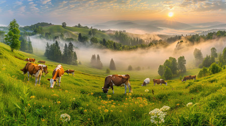 a misty morning on an open field with cows peacefully grazing, as the sun rises in the background, leaving ample copy space for text.の素材
