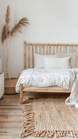 Modern bedroom interior with a white bed and cabinet near the window, soft lighting from lamps. Scandinavian home decor concept.の素材