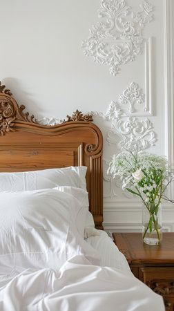 a Scandinavian bedroom featuring white paneled walls, a wooden bedside table with a white flower vase, and a beige bed as the centerpiece.の素材