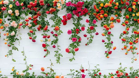 a wedding backdrop adorned with colorful roses hanging from a white brick wall, featuring pink, orange, yellow, and red roses with lush greenery vines. SEAMLESS PATTERN.の素材