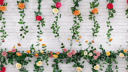 a wedding backdrop adorned with colorful roses hanging from a white brick wall, featuring pink, orange, yellow, and red roses with lush greenery vines. SEAMLESS PATTERN.の素材