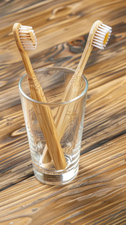 two bamboo toothbrushes standing in a glass on a wooden table, with soft lighting and a blurred background of gray tones.の素材
