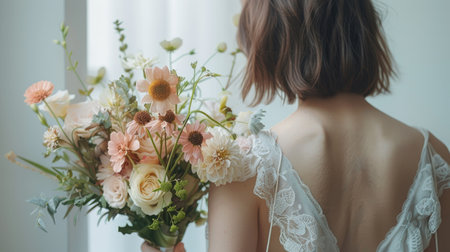 a woman holding a bouquet in a white room, seen from behind, conveying a sense of anticipation and beautyの素材
