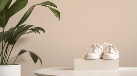 stuffed baby shoes atop folded neutral-colored clothes against a white background, accented with a plant and empty space, evoking a serene baby concept.の素材
