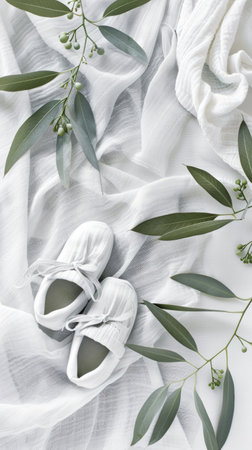 stuffed baby shoes atop folded neutral-colored clothes against a white background, accented with a plant and empty space, evoking a serene baby concept.の素材