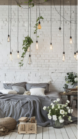 a modern bedroom with a white brick wall, featuring a fluffy blanket on the bed, a small table adorned with decorative lights and tulips in a vase, with a night lamp glowing near the door.の素材