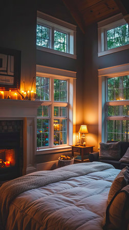 a bedroom cozy at night with a glowing fireplace casting a warm light on a bed, table, and armchair by a white brick wall.の素材