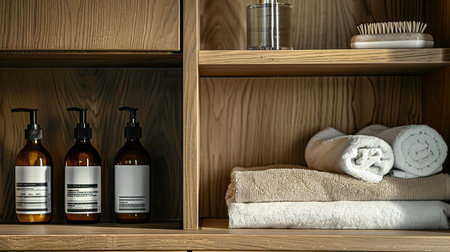 a pristine wooden bathroom cabinet adorned with neatly folded white towels, a basket, and assorted bottles on the shelfの素材