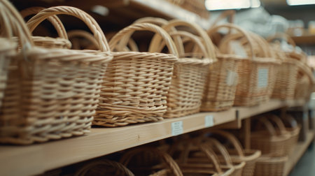 Woven wicker baskets in various sizes and shapes are neatly displayed on wooden shelves in a market, showing the craftsmanship of this traditional material.の素材