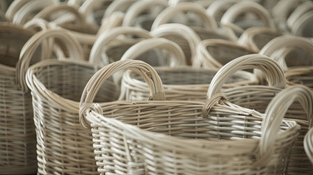 Woven wicker baskets in various sizes and shapes are neatly displayed on wooden shelves in a market, showing the craftsmanship of this traditional material.の素材