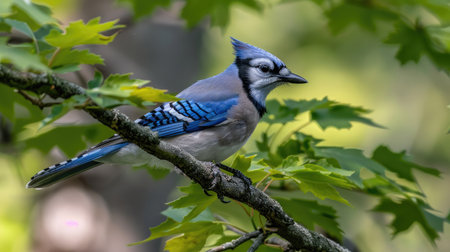 A blue jay feathers on a branch, its blue feathers contrasting with the green foliage.の素材