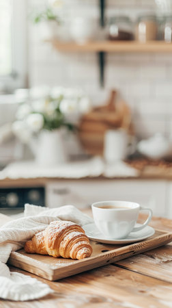 A white coffee mug and a croissant sit on a kitchen countertop with a checkered cloth.の素材