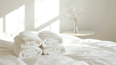 A stack of white towels and beige blankets rest on a white bed in a modern bedroom.の素材