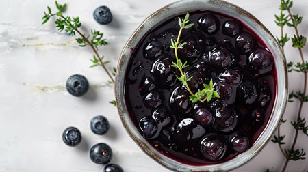 A bowl of blueberry sauce with a sprig of thyme.の素材