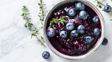 A bowl of blueberry sauce with a sprig of thyme.の素材