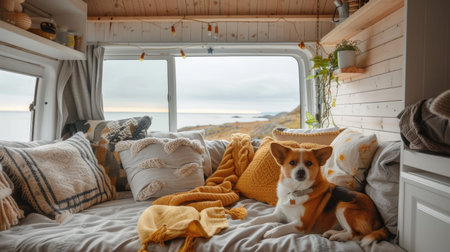 A comfortable motorhome interior with a view of a scenic lake.の素材