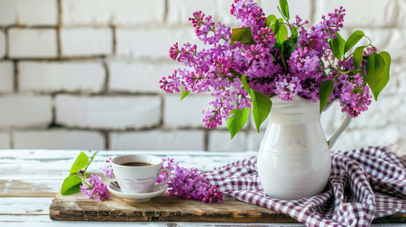 A close-up photo of a white teacup and saucer on a white table, with a bouquet of purple lilac flowers in a white pitcher behind it. The flowers are arranged in front of a white brick wall.の素材