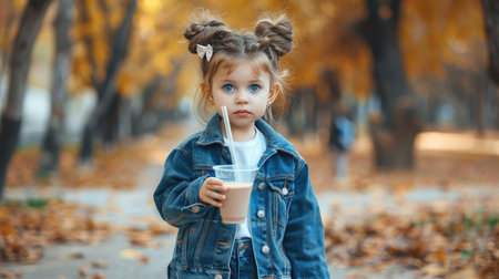 A young girl with blonde hair, blue eyes, and a denim jacket holds a milkshake in a city setting.の素材