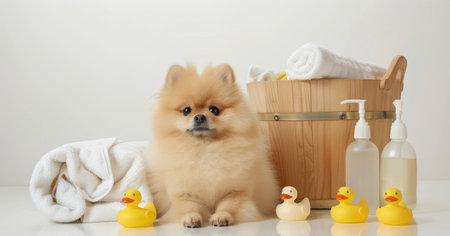 A Pomeranian dog sits in front of a wooden bucket filled with bath supplies, including towels, rubber ducks, and shampoo.の素材