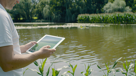A man standing near a pond in a park uses his tablet. He is wearing a white shirt and is looking down at the screen. The pond is surrounded by green grass and trees.の素材