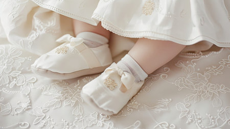Closeup of a babys feet wearing white satin shoes and a white lace dress.の素材