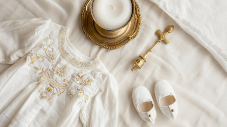A white christening gown with embroidered flowers, a gold cross, a candle in a golden holder, and baby shoes.の素材