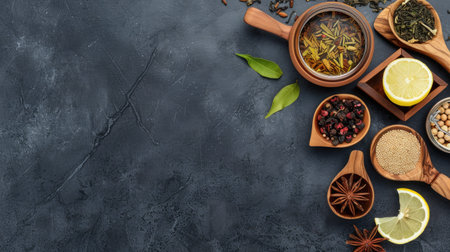 A flat lay showcasing a variety of tea ingredients, including loose leaf tea, dried flowers, spices, and lemon, arranged on a black surface.の素材