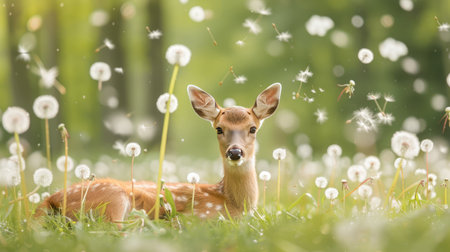 A young fawn lies peacefully in a field of daisies, enjoying the warm sunshine.の素材