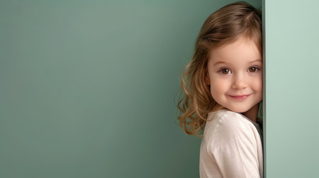 A young girl with blonde hair and a big smile leans against a white door, wearing a light blue denim jacket.の素材