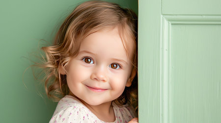 A young girl with blonde hair and a big smile leans against a white door, wearing a light blue denim jacket.の素材