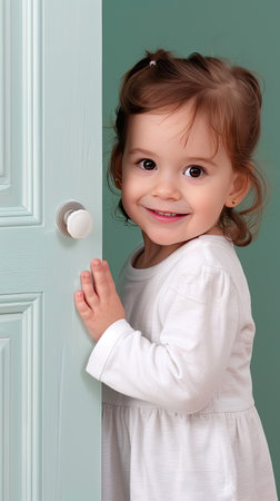 A young girl with blonde hair and a big smile leans against a white door, wearing a light blue denim jacket.の素材