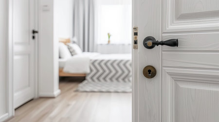A slightly open door reveals a bedroom with a white bed and a gray and white bedspread. The room is lit by natural light.の素材