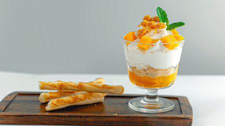 A refreshing and delicious parfait with layers of creamy yogurt, fresh mango, and a touch of honey.の素材