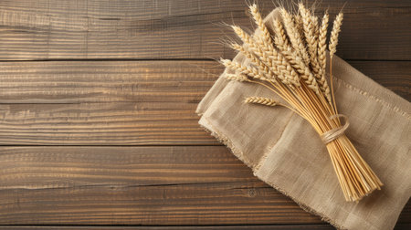 A flat lay image featuring a group of wheat sheaves arranged on a rustic brown wooden surface with a linen fabric.の素材