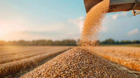 Wheat kernels are being poured from a conveyor belt into a large pile, with a bright blue sky in the background.の素材