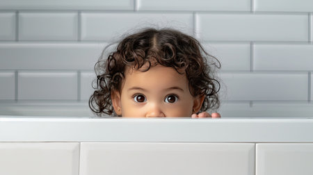 A smiling baby with curly hair sits in a white bathtub, leaning on the edge.の素材