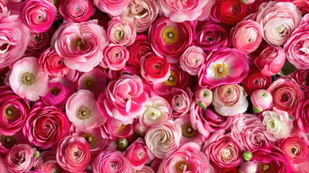 background of pink and white ranunculus flowers, top view.の素材
