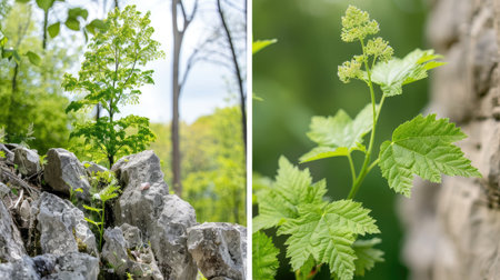 A small tree pushes through gray rocks in a forest setting. Its bright green foliage contrasts with the rough texture of the stone.の素材