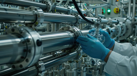 A worker wearing blue gloves carefully inspects the intricate machinery in a factory setting.の素材