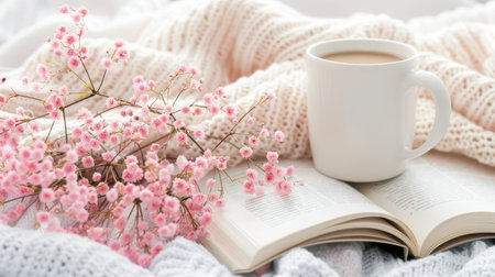 A cup of coffee, a pen, and an open notebook rest on a wooden table, next to a stack of books. Sunlight shines through a window in the background.の素材