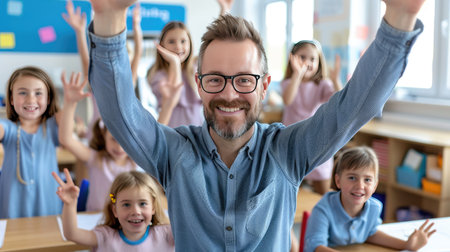 A smiling teacher with a beard stands in a classroom with arms raised, surrounded by students also raising their hands.の素材