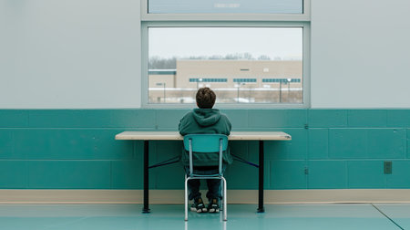 A young boy sits alone at a table in a school, looking out the window. The table is in front of a large window, with a view of a building and trees outside.の素材