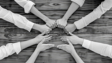 Five hands, belonging to different people, reach out to touch each other, creating a circle of unity over a wooden tabletop.の素材