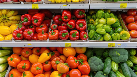 A grocery store shelf filled with fresh produce, including red bell peppers, eggplant, yellow peppers, green peppers, red tomatoes, and potatoes.の素材