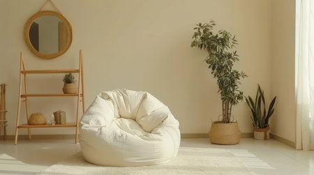 A large, white bean bag chair sits in a bright living room, bathed in natural light. A potted plant is in the corner and a wooden shelf holds a mirror and other decorative items.の素材