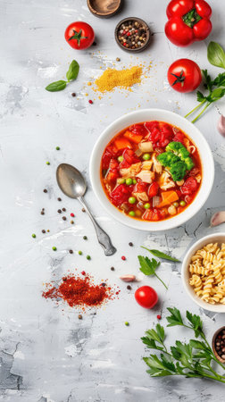 A white plate with spaghetti pasta, chicken, broccoli, carrots, and peas.の素材